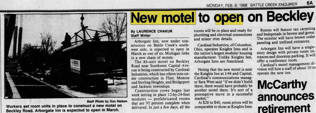 Arborgate Inn (Days Inn, Rodeway Inn) - Feb 08 1988 Article (newer photo)
